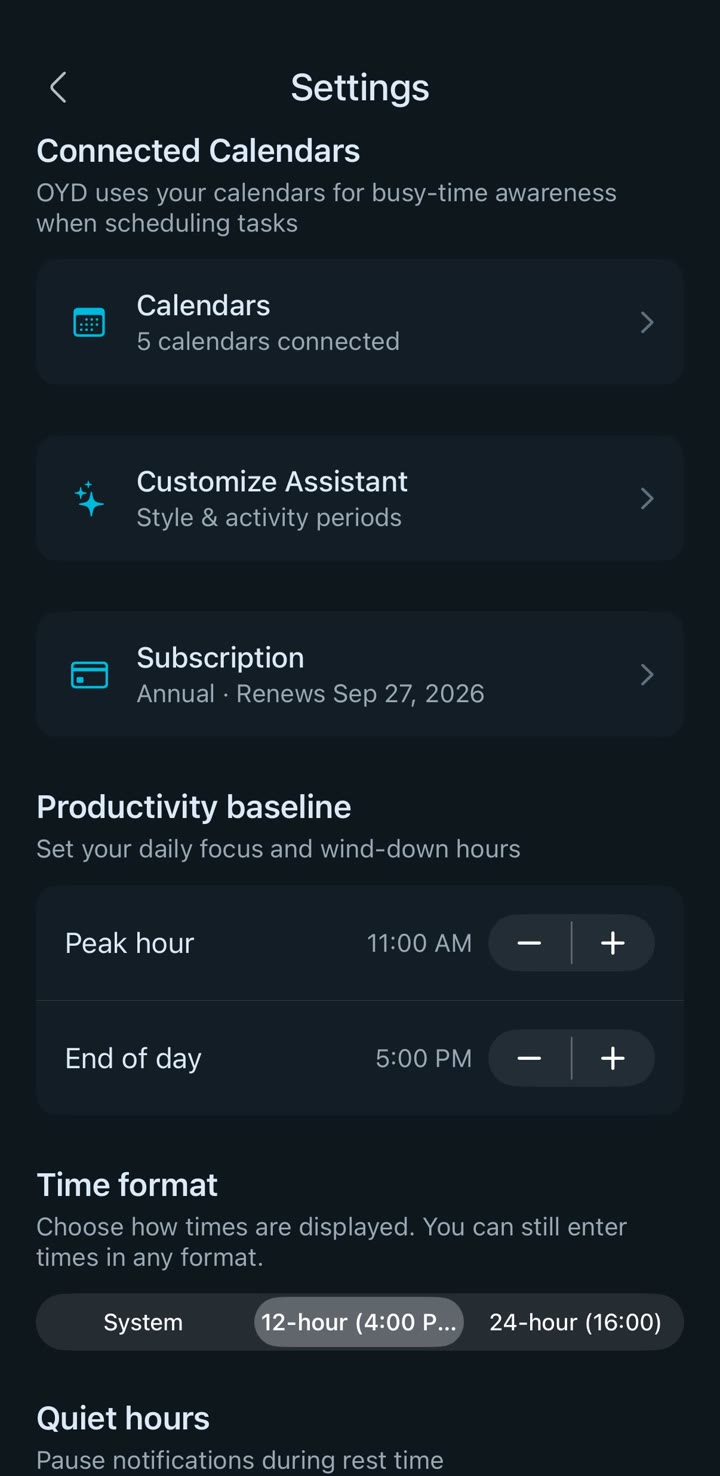 Settings with connected calendars, peak hour, end of day, and quiet hours